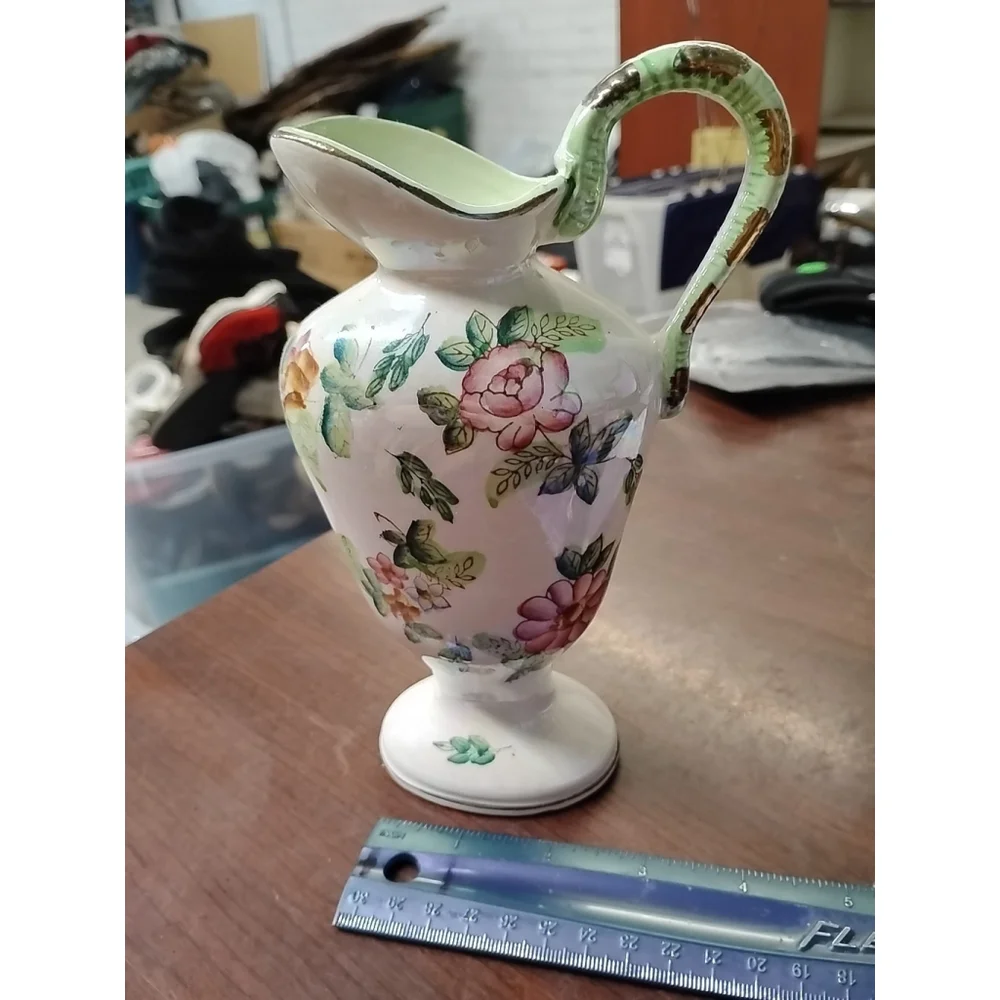 Vintage Japanese Light Green Floral Pitcher Ceramics Gold Trim Lusterware